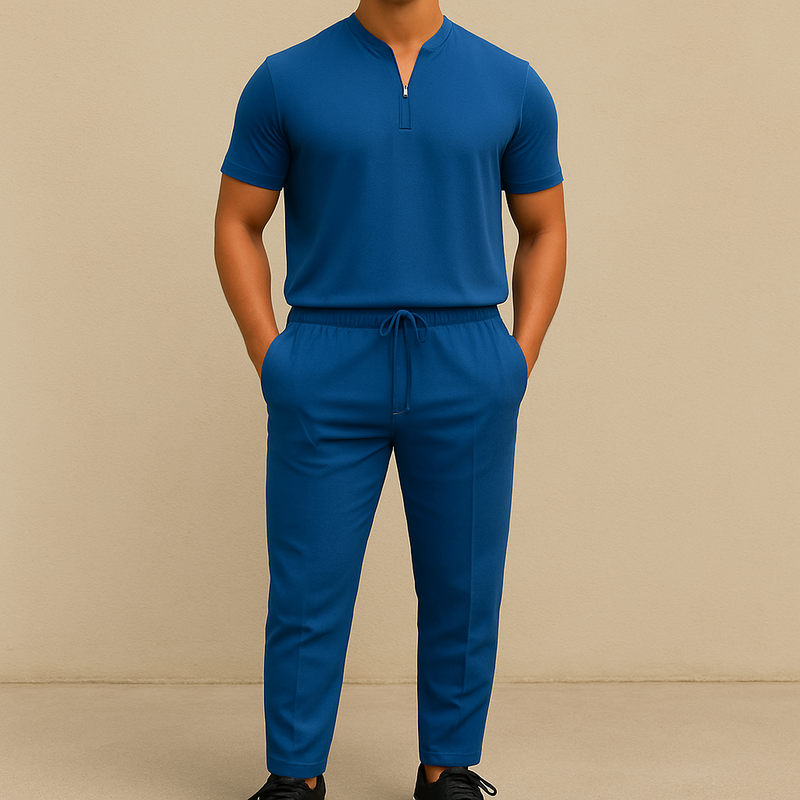 Men's Summer Waffle Collar Zipper Set