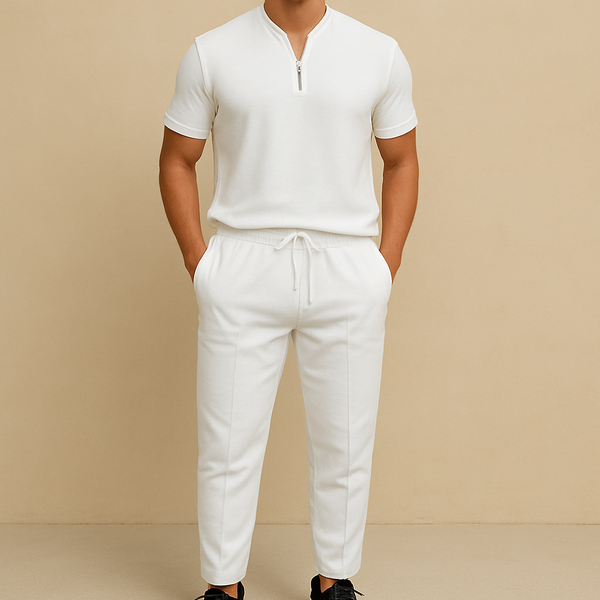 Men's Summer Waffle Collar Zipper Set
