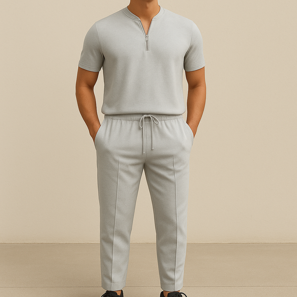 Men's Summer Waffle Collar Zipper Set