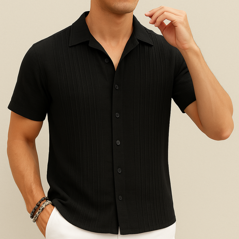 Black Cotton Pleated Beach Shirt