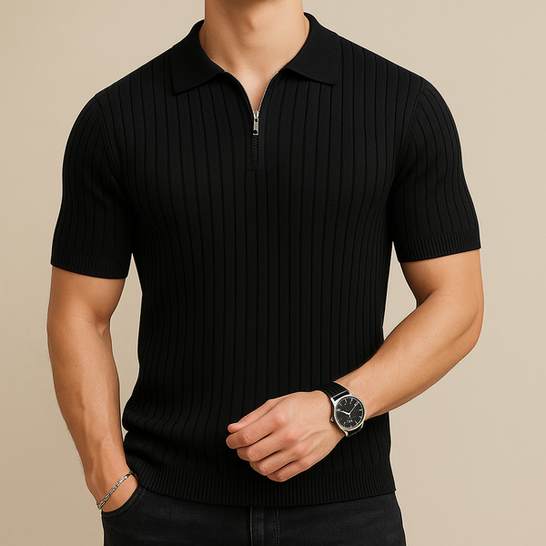 Black Ribbed Zipper Polo Shirt