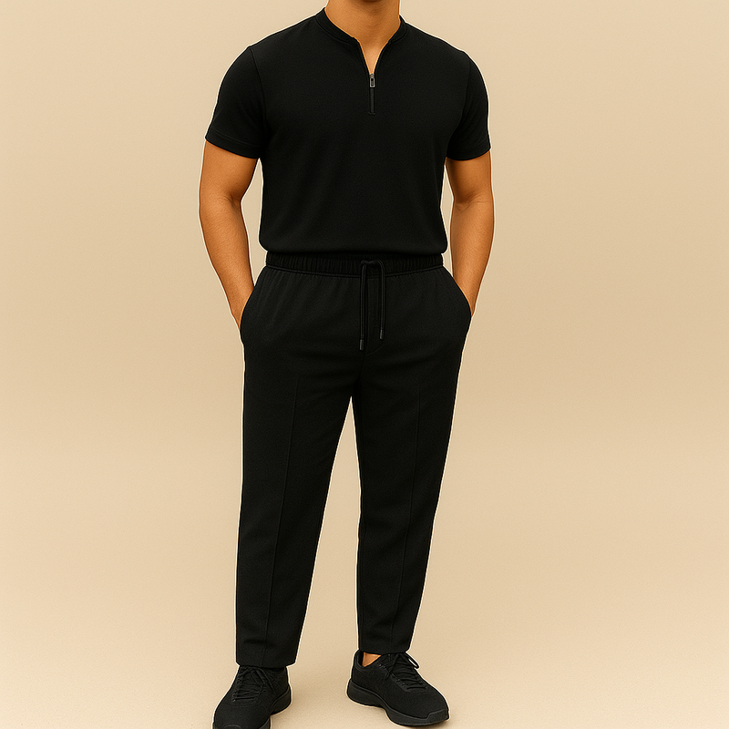 Men's Summer Waffle Collar Zipper Set